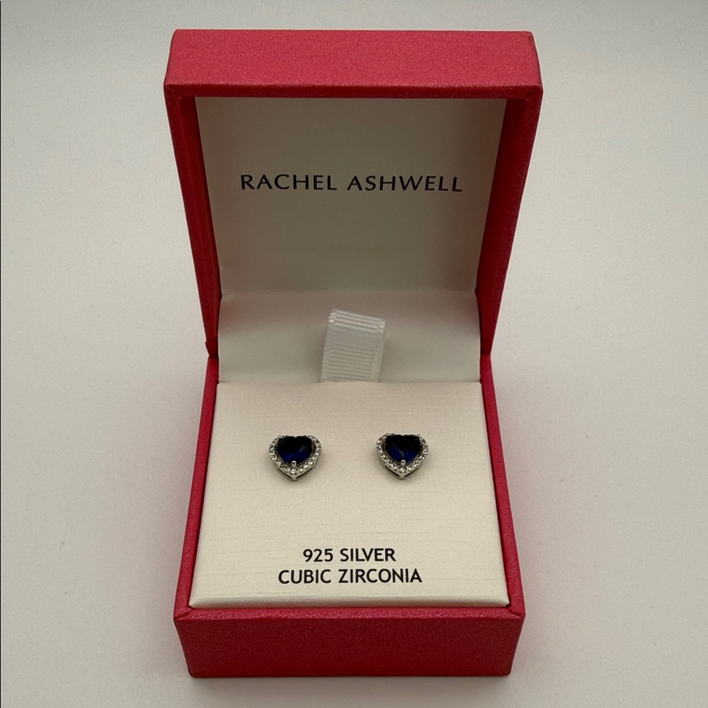Rachel Ashwell 925 Silver Blue Heart Cubic Zirconia Halo Stud Earrings Gift Box